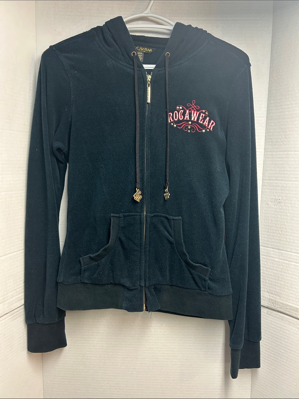 Rocawear Black Velour Zip Hoodie with Red Embroidered Logo back and front